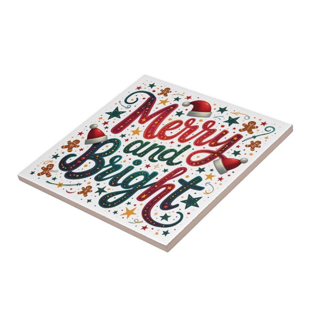 Merry and Bright Colourful Festive Retro Typograph Tile (Side)