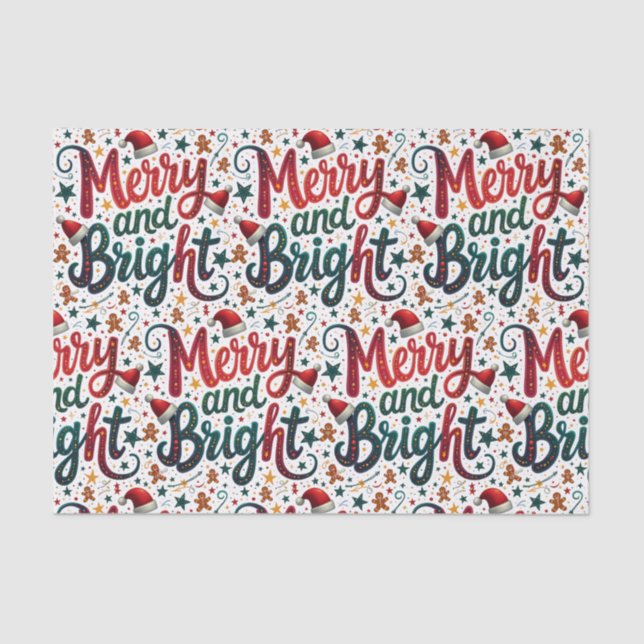 Merry and Bright Colourful Festive Retro Typograph Tissue Paper (Front)
