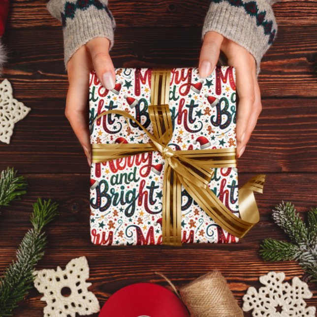 Merry and Bright Colourful Festive Retro Typograph Wrapping Paper (Creator Uploaded)
