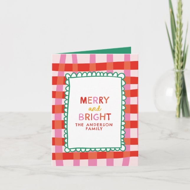 Merry and Bright Colourful Gingham custom name Holiday Card (Front)