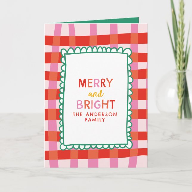 Merry and Bright Colourful Gingham custom name Holiday Card (Front)