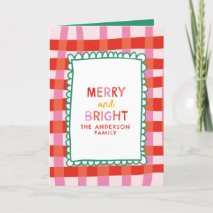 Merry and Bright Colourful Gingham custom name Holiday Card