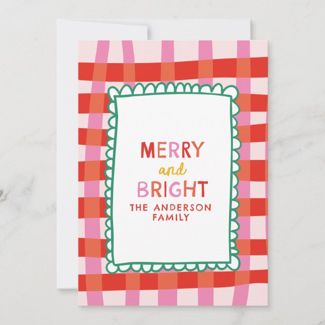 Merry and Bright Colourful Gingham custom name Holiday Card (Front)