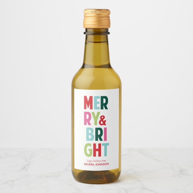 Merry and Bright Colourful Mini Wine Bottle Label (Front)