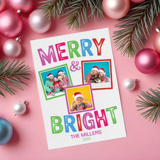 Merry and Bright Colourful Photo Christmas Card (Merry and Bright Modern Colorful Photo Collage Christmas Card)