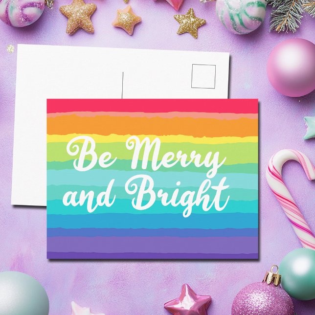 Merry and Bright Colourful Rainbow Pride Christmas Postcard (Creator Uploaded)