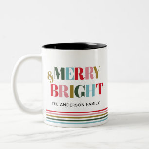 Merry and Bright Colourful Retro Family Photo Gift Two-Tone Coffee Mug