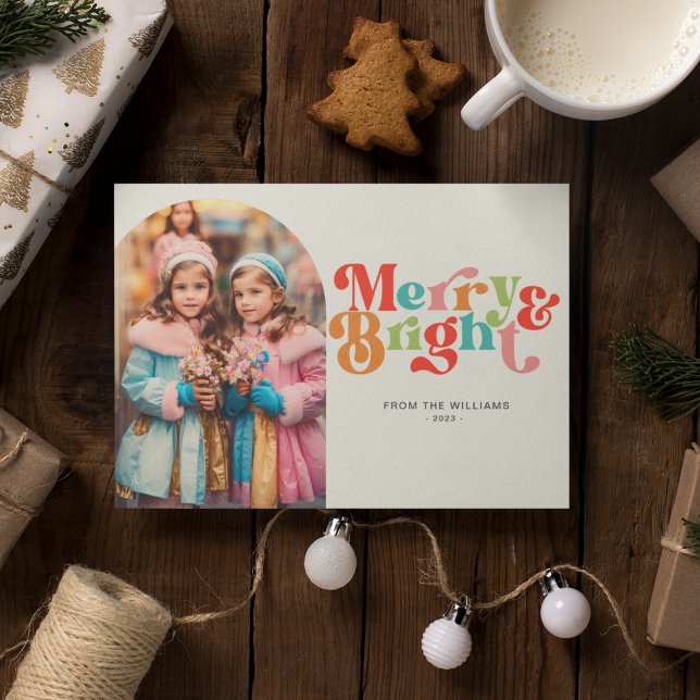 Merry And Bright Colourful Retro Photo Christmas Holiday Card (Creator Uploaded)