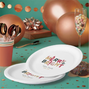 Merry and Bright Colourful Retro Typography Paper Plate