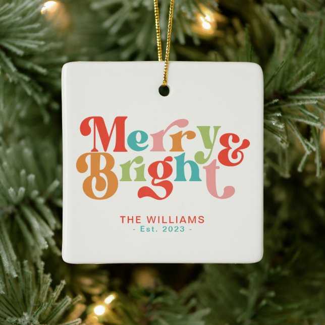 Merry And Bright Colourful Retro Vibes Christmas Ceramic Ornament (Tree)