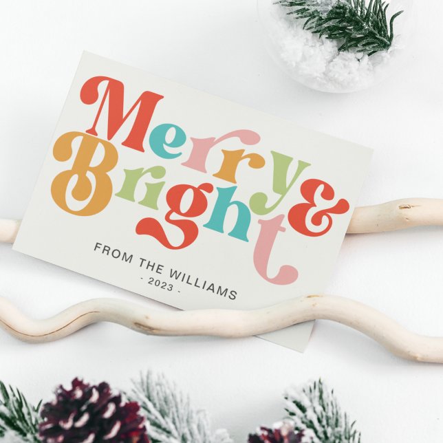 Merry And Bright Colourful Retro Vibes Christmas Holiday Postcard (Creator Uploaded)