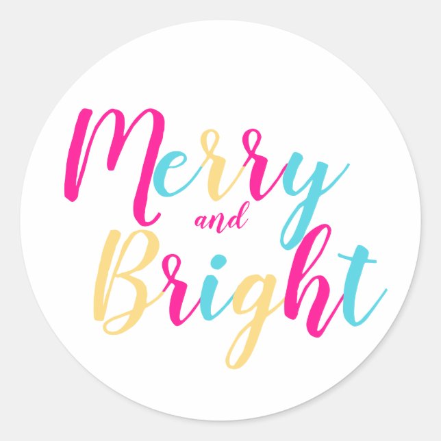 Merry and Bright Colourful Script Christmas Classic Round Sticker (Front)