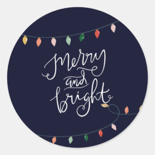 Merry and Bright Colourful String of Lights Blue Classic Round Sticker