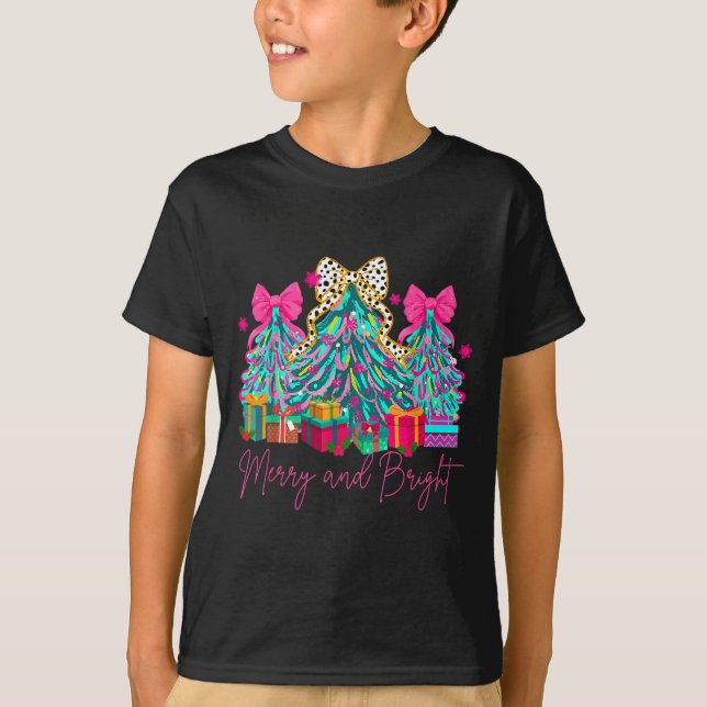 Merry And Bright Coquette Bow Christmas Tree Women T-Shirt (Front)