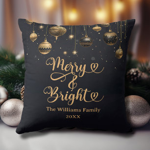 Merry and Bright Custom Gold Black Christmas Cushion