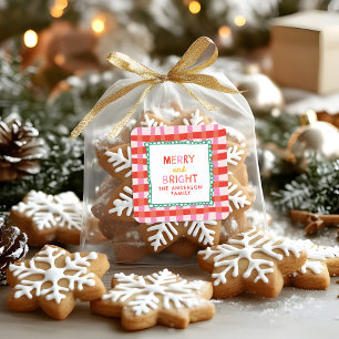 Merry and Bright Custom Holiday Red & Pink gingham Square Sticker