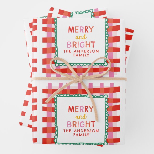 Merry and Bright Custom Holiday Red & Pink gingham Wrapping Paper Sheet (In situ)