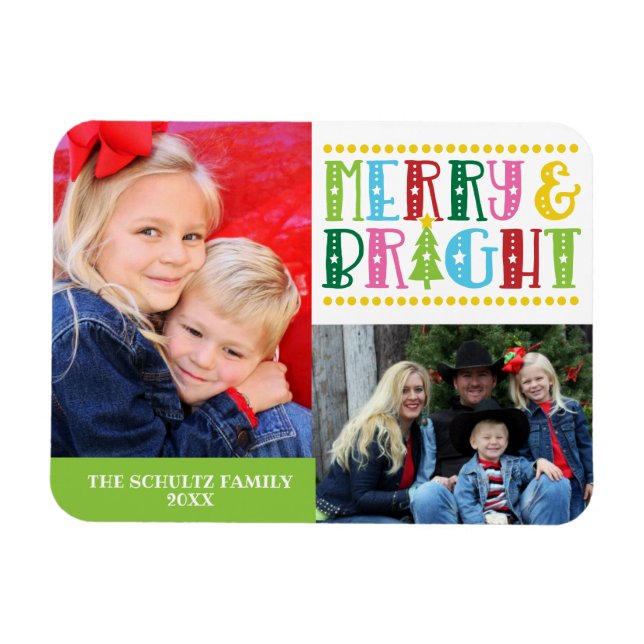 Merry and Bright Cute Modern Family Photo Holiday Magnet (Horizontal)
