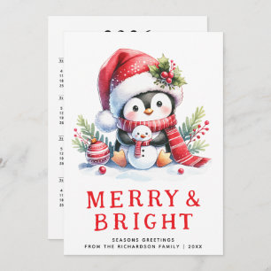 Merry and Bright Cute Penguin Modern Christmas Holiday Card