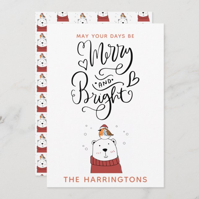 Merry And Bright Cute Polar Bear Christmas  Holida Holiday Card (Front/Back)