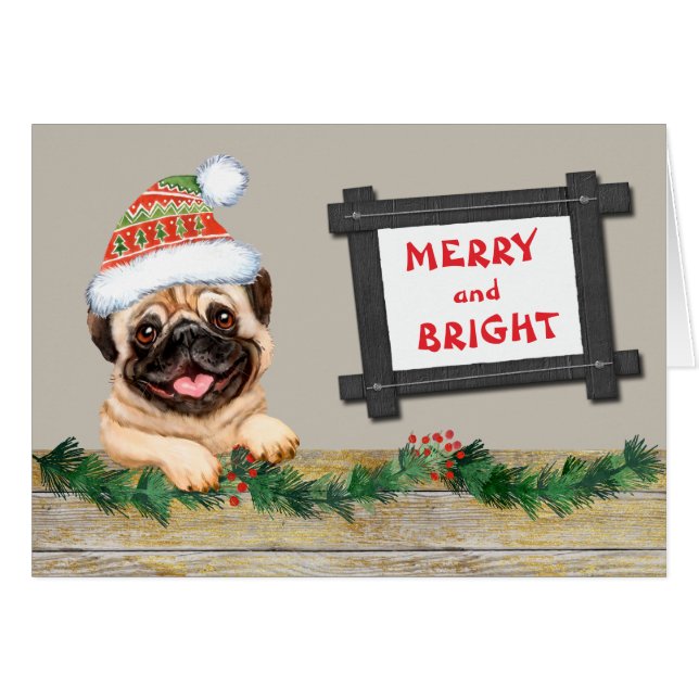 Merry and Bright Cute Pug Dog Christmas Card (Front Horizontal)