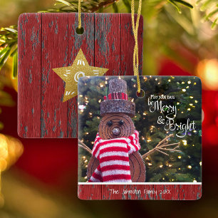 Merry and Bright Cute Rustic Snowman Tree Keepsake Ceramic Ornament