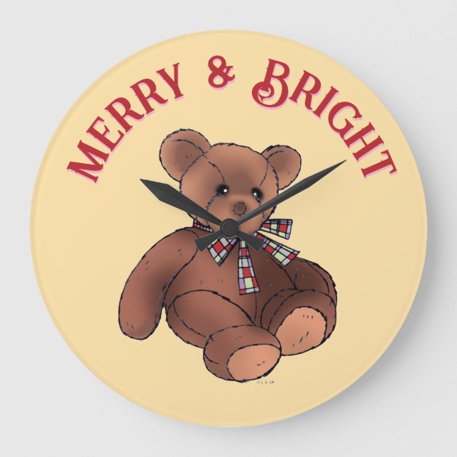 Merry and Bright Cute Teddy Bear Winter Holiday Large Clock (Front)