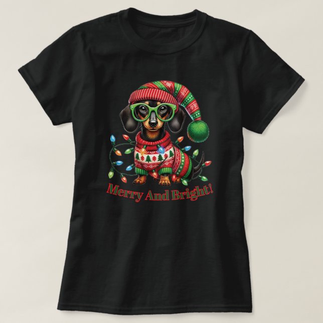 Merry and Bright Dachshund T-Shirt (Design Front)