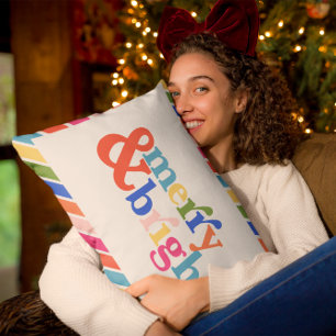 "Merry and Bright" Decorative Christmas Holiday Lumbar Cushion
