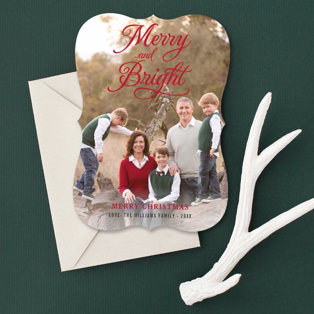 Merry and Bright Elegant Red Script Photo Collage Holiday Card (Creator Uploaded)