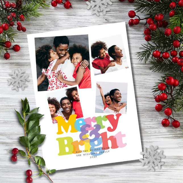 Merry And Bright Family 4 Photo Collage Christmas Holiday Card (Creator Uploaded)
