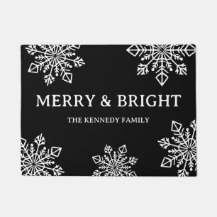 Merry And Bright Family Name Black White Snowflake Doormat