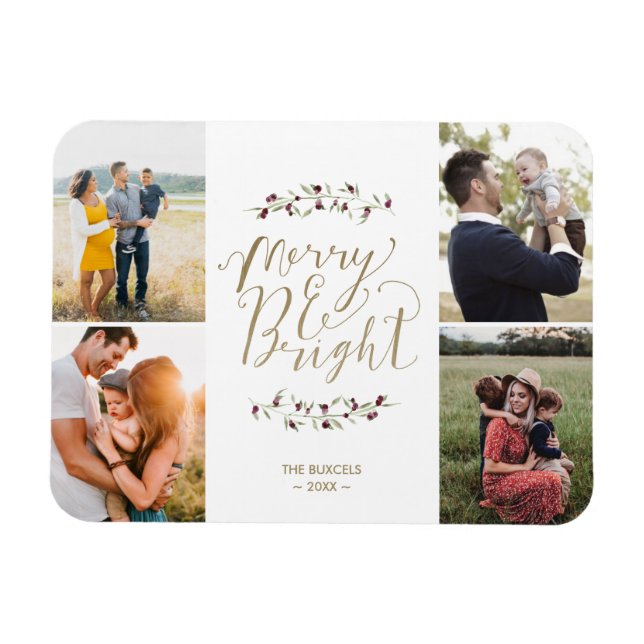 Merry and Bright Family Photo Collage Christmas Magnet (Horizontal)