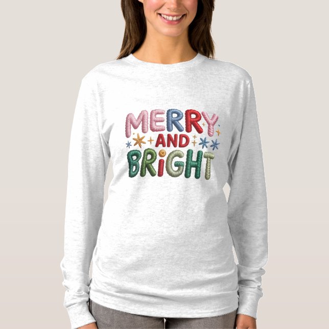 Merry and Bright Faux Embroidery Women’s  T-Shirt (Front)