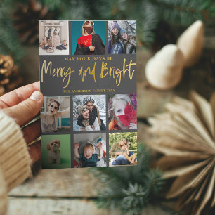 Merry and Bright Faux Gold 9 Photo Christmas  Holiday Card