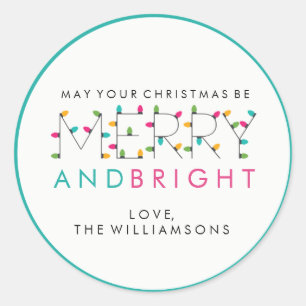 Merry and Bright Festive Christmas Tree Lights Classic Round Sticker
