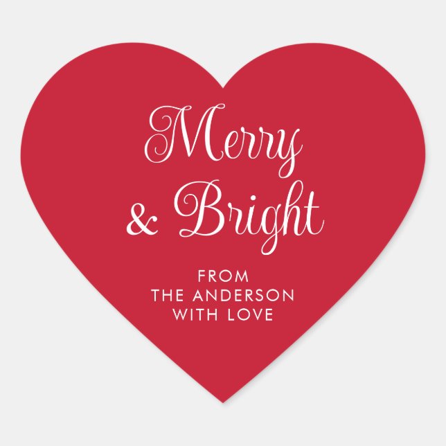 Merry and Bright Festive Red Custom Name Heart Sticker (Front)