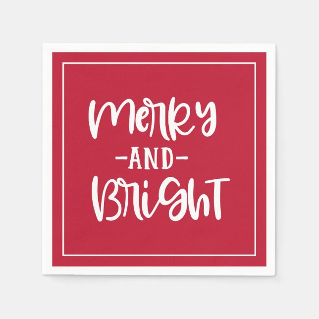 Merry And Bright Festive Script Red Holiday Napkin (Front)