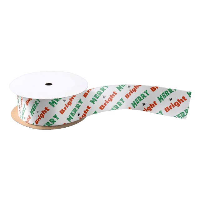 Merry and Bright Festive Winter Holiday Christmas Satin Ribbon (Spool)
