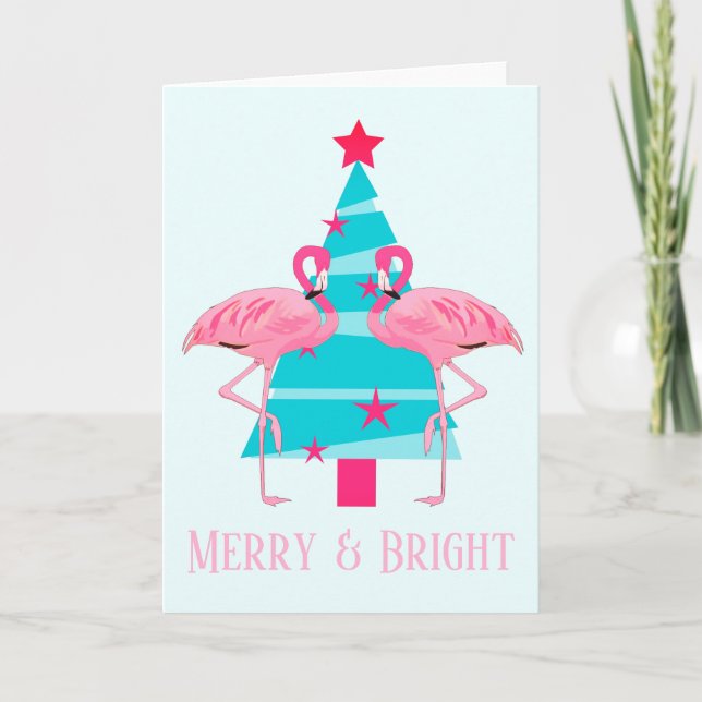 Merry and Bright Flamingos Beach Theme Christmas Holiday Card (Front)