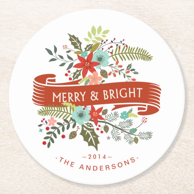 Merry and Bright Floral Christmas Cocktail Coaster (Front)