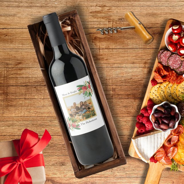 Merry and Bright Floral Family Photo Personalised Wine Label (Creator Uploaded)