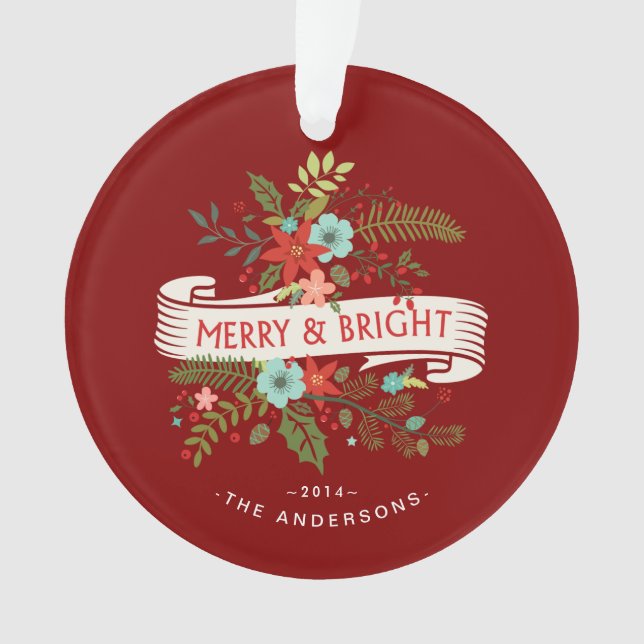 Merry and Bright Floral Holiday Family Photo Ornament (Front)