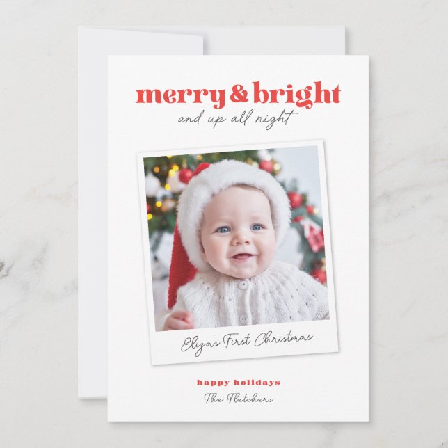 Merry and Bright Funny Babys First Christmas Card (Front)