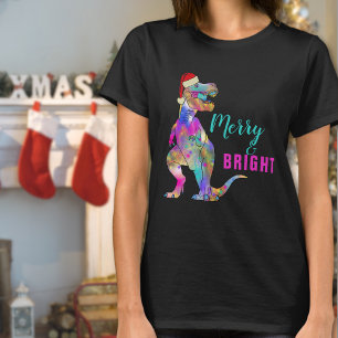 Merry and Bright Funny Santa T-Rex Quote T-Shirt