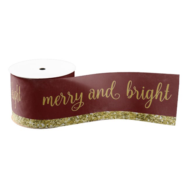 Merry and Bright Gold Burgundy Ribbon Grosgrain Ribbon (Spool)