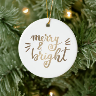 Merry and bright - gold ceramic tree decoration