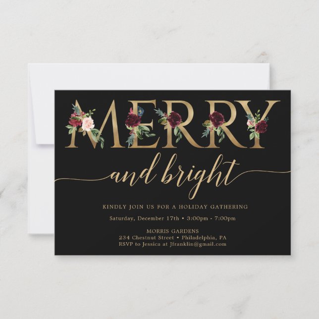 Merry and Bright Gold Christmas Party Invitations (Front)