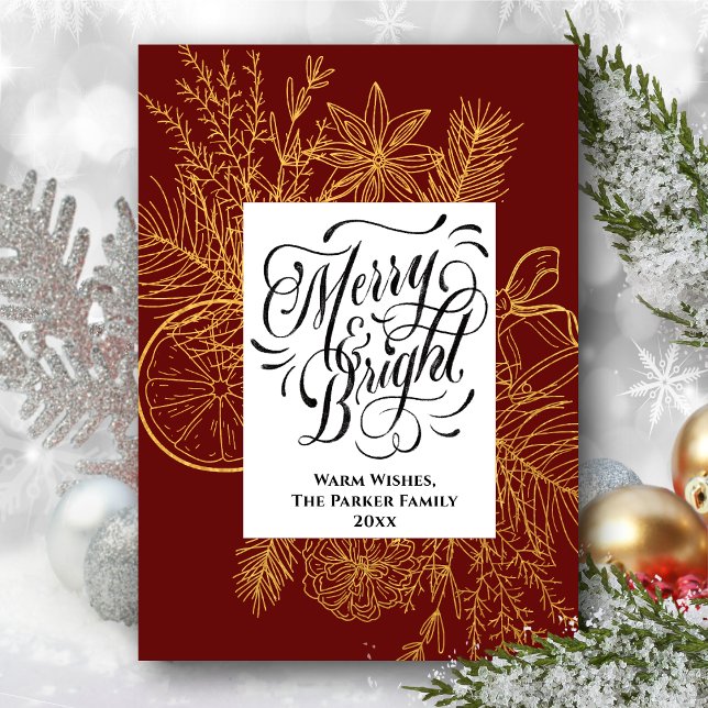 Merry and Bright Gold Citrus Pine Tree Bough Red Holiday Card (Creator Uploaded)