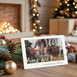 Merry and Bright Gold Foil Script Photo Christmas Foil Holiday Postcard